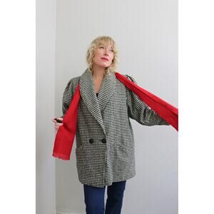 1980's Vintage Houndstooth Wool Coat ~ Women's LG XL ~ 80's Red Fringe Scarf